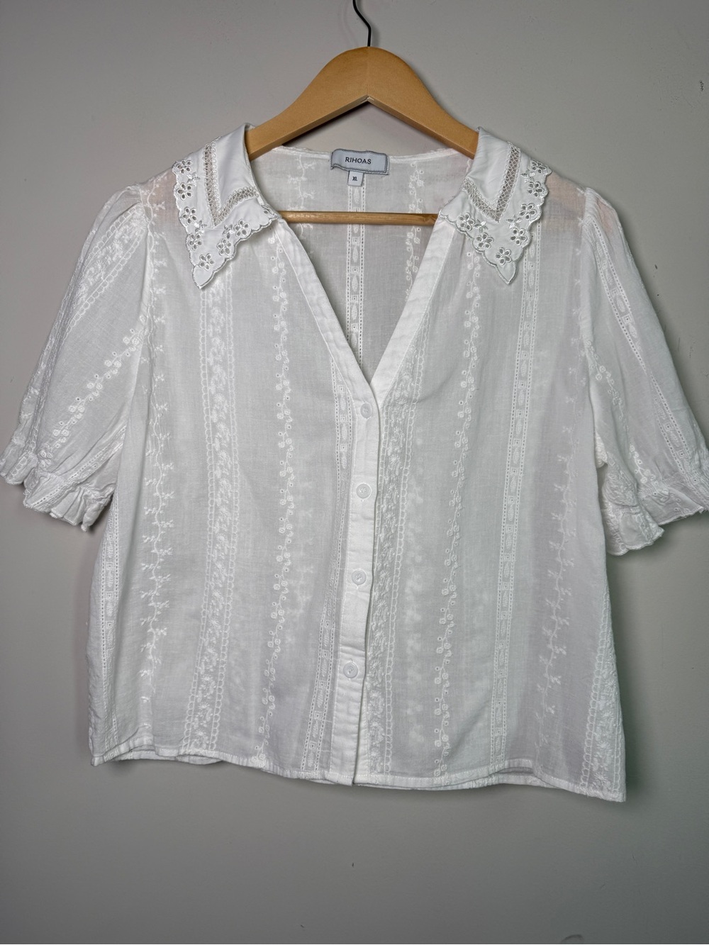 RIHOAS Embroidered Eyelet Collar Puff Sleeve Blouse White Sz XL